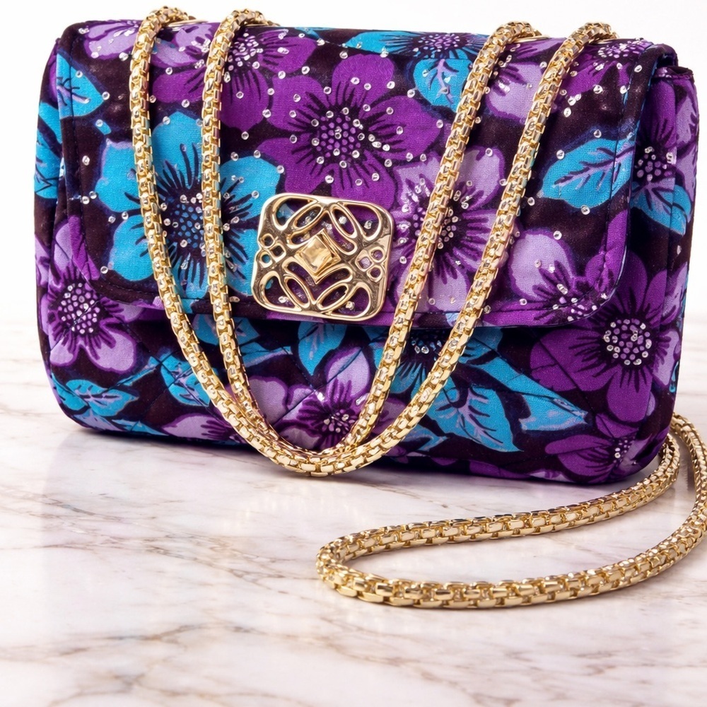 Floral Quilted Chain Shoulder Bag in Purple & Teal - Picture 2 of 2